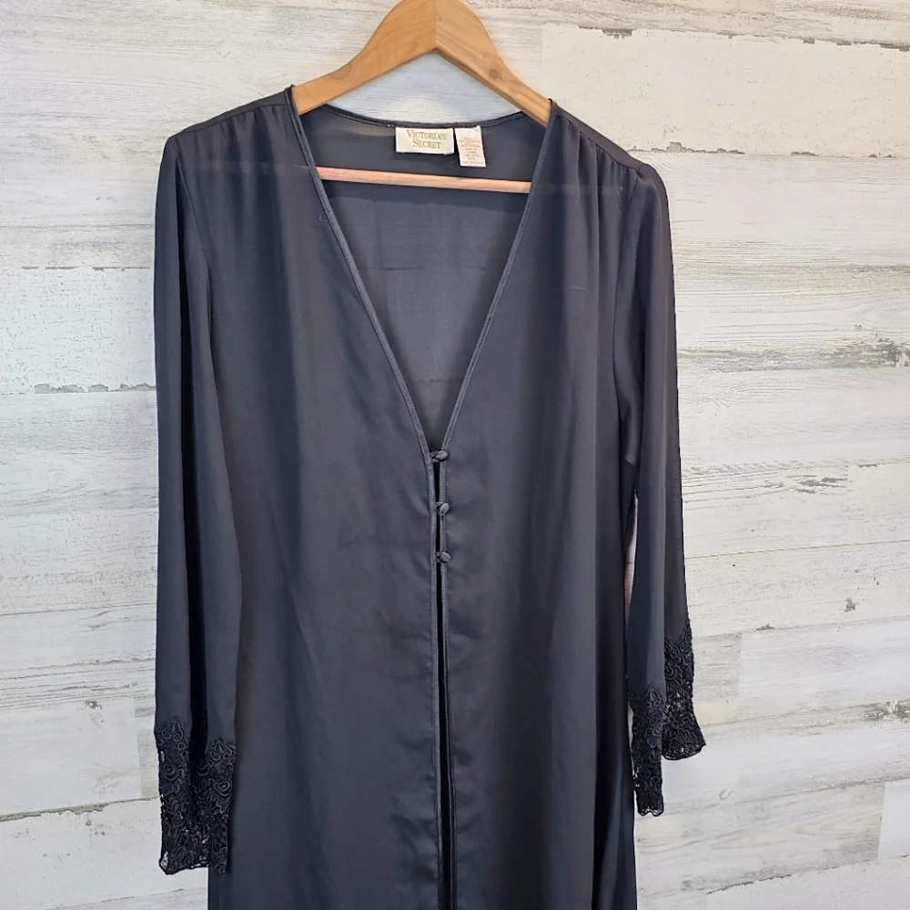 Vintage Victoria's Secret Semi-Sheer Full Length Robe M L Black Dark Romantic